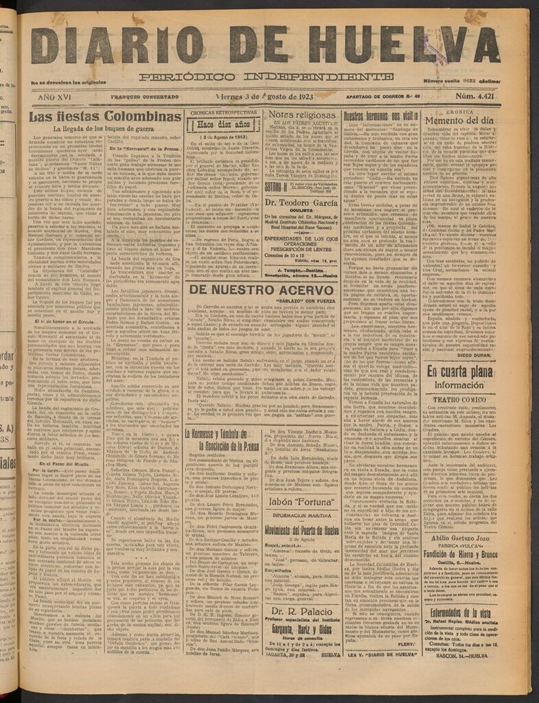 Miniatura de Diario de Huelva : periódico independiente del 3 de agosto de 1923