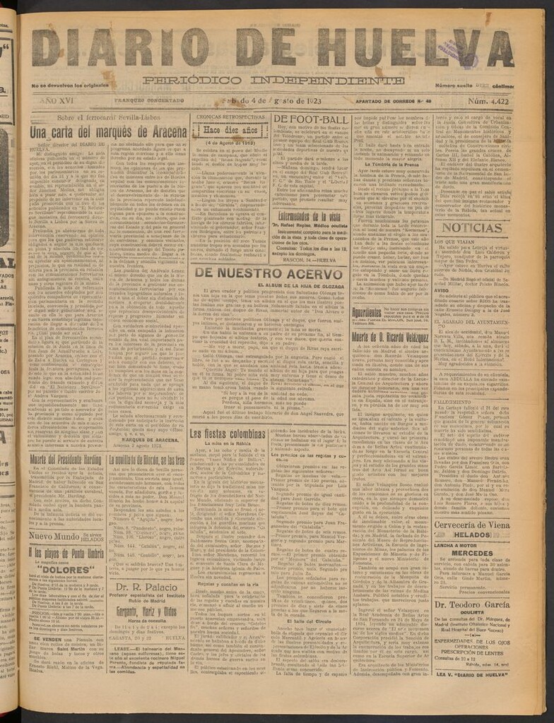 Miniatura de Diario de Huelva : periódico independiente del 4 de agosto de 1923