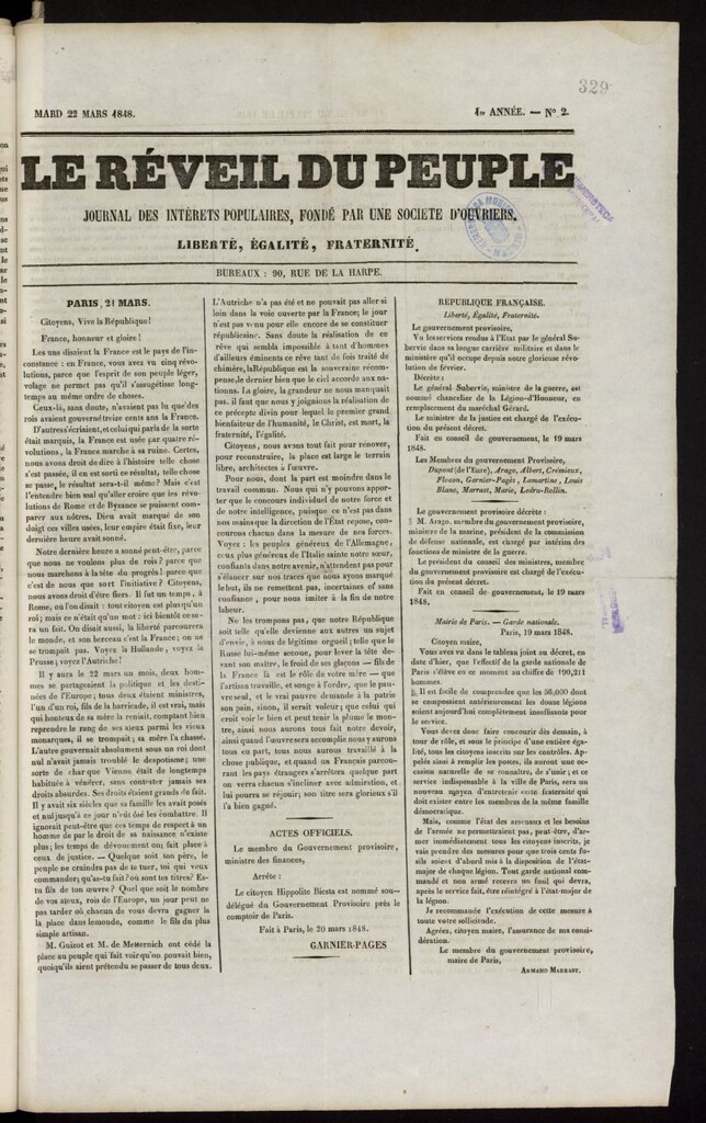 Miniatura de Le Réveil du Peuple: journal des intêrets populaires, fondé par une Société d´ouvriéres del 22 de marzo de 1848, nº 2