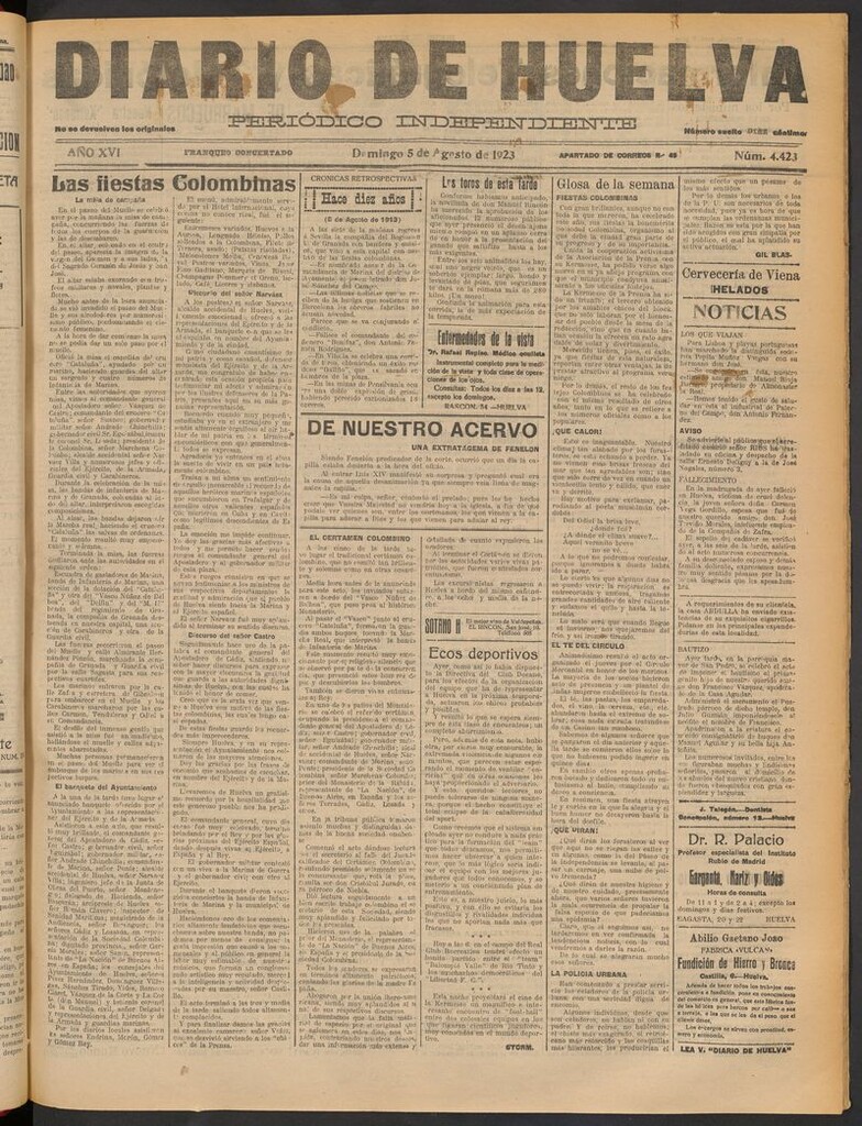 Miniatura de Diario de Huelva : periódico independiente del 5 de agosto de 1923
