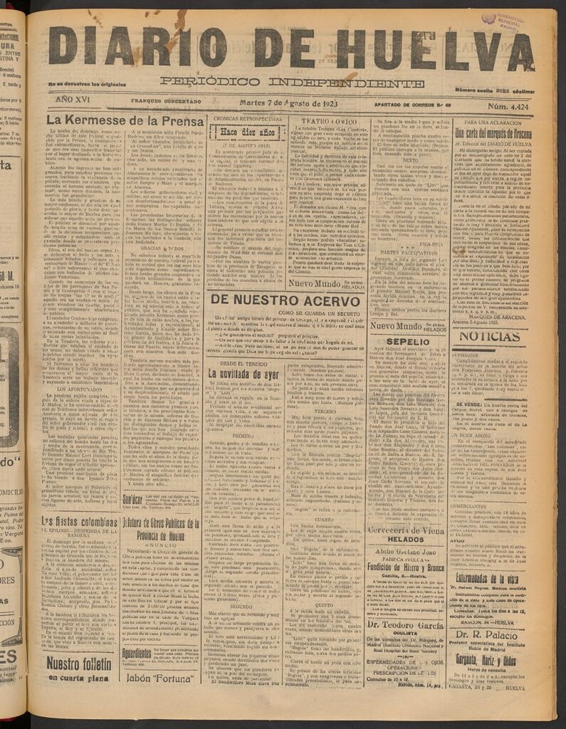 Miniatura de Diario de Huelva : periódico independiente del 7 de agosto de 1923