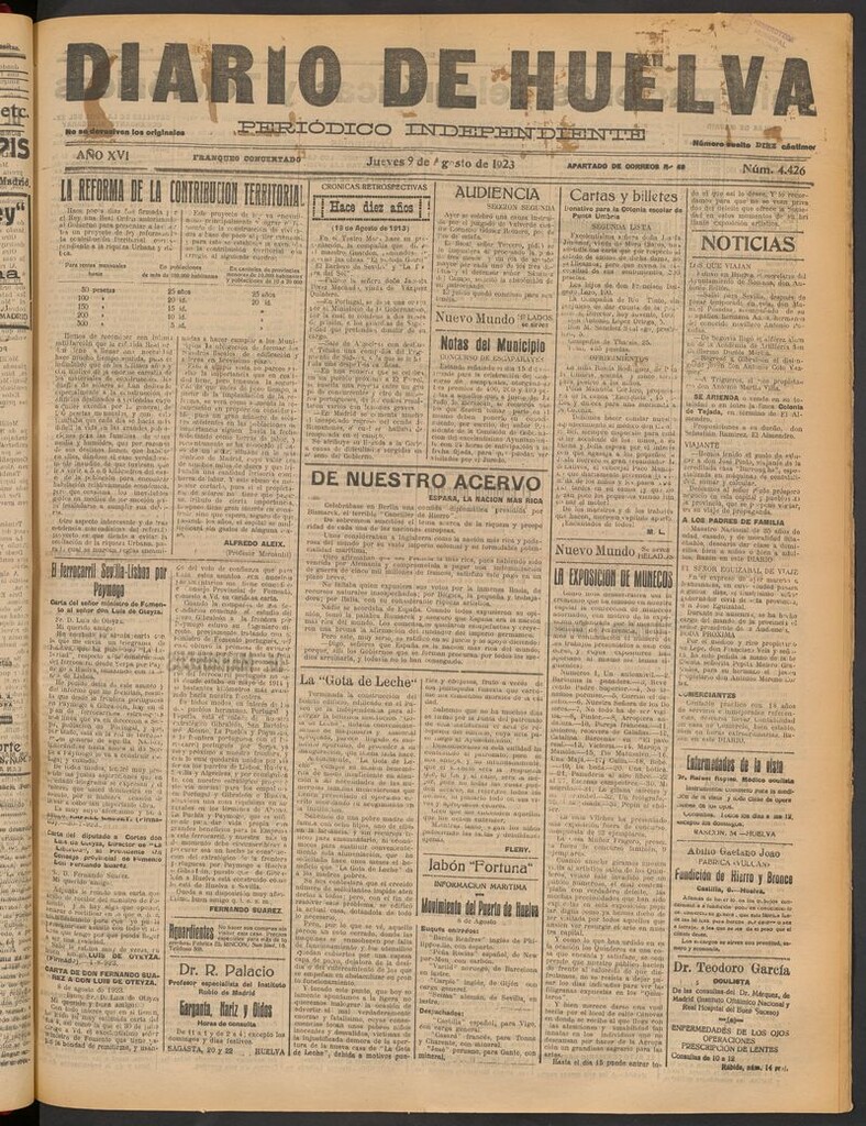 Miniatura de Diario de Huelva : periódico independiente del 9 de agosto de 1923