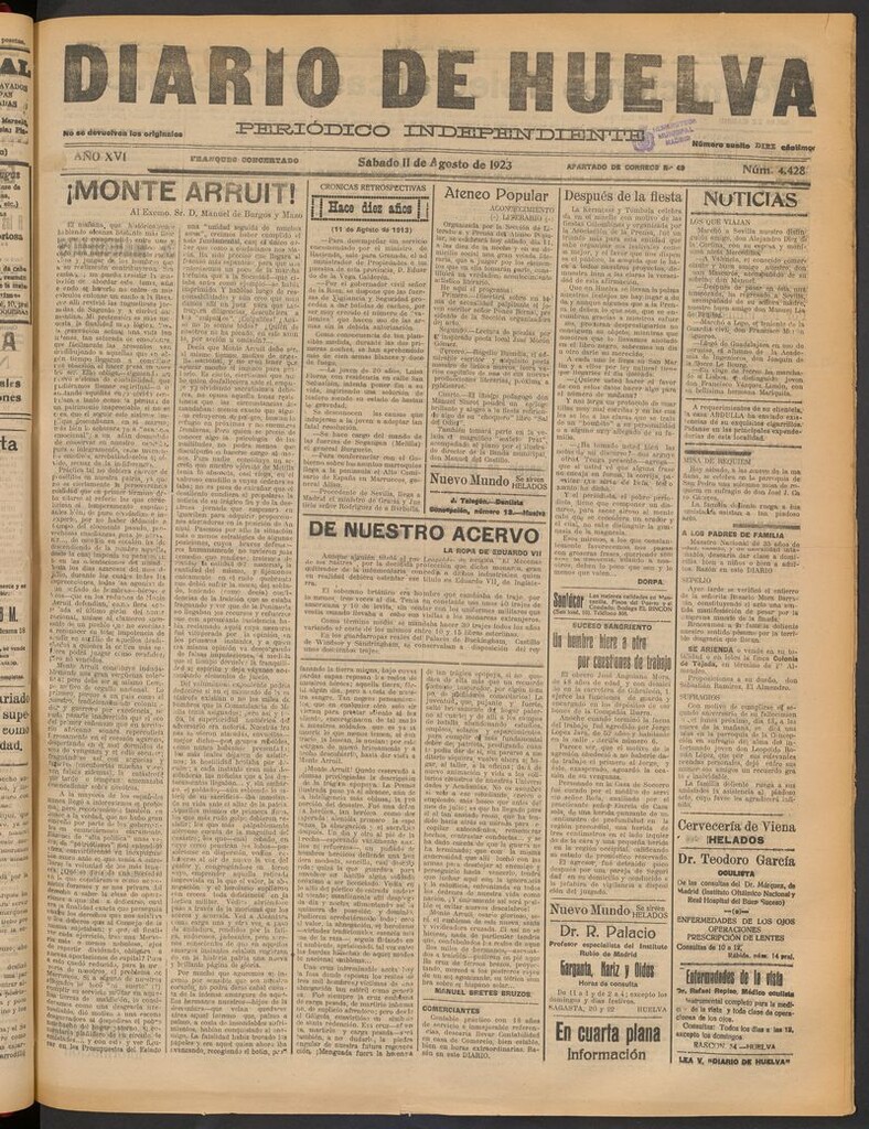 Miniatura de Diario de Huelva : periódico independiente del 11 de agosto de 1923