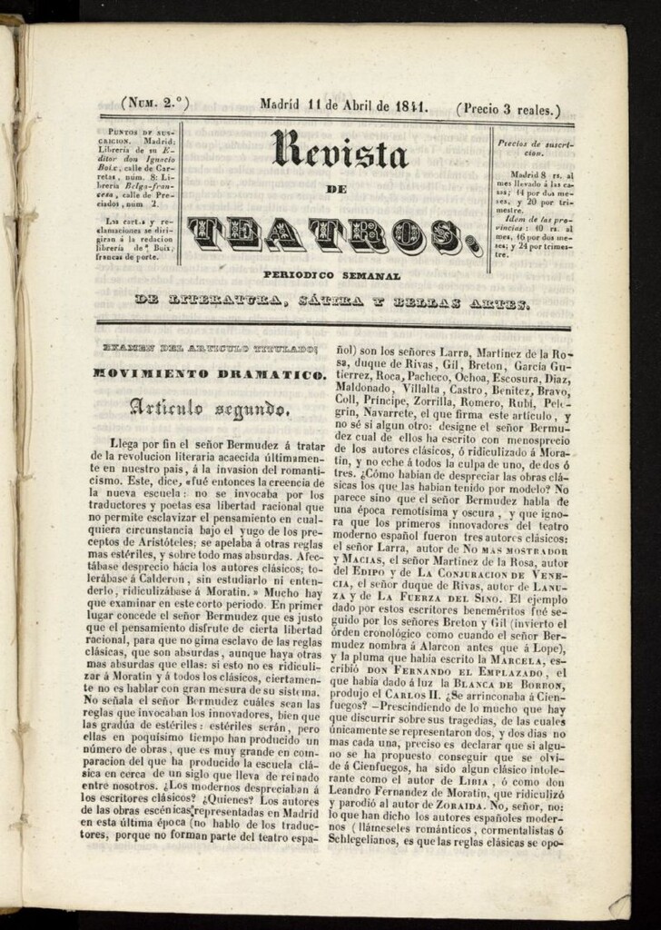 Miniatura de Revista de teatros: periodico semanal de literatura, sátira y bellas artes del 11 de abril de 1841, nº 2