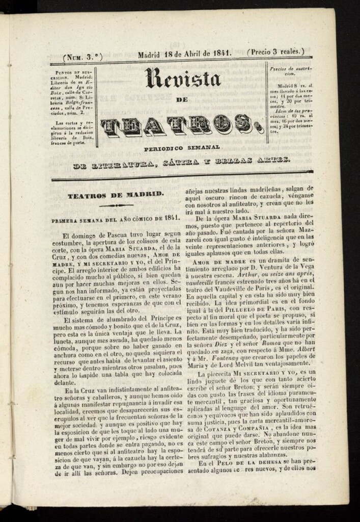Miniatura de Revista de teatros: periodico semanal de literatura, sátira y bellas artes del 18 de abril de 1841, nº 3