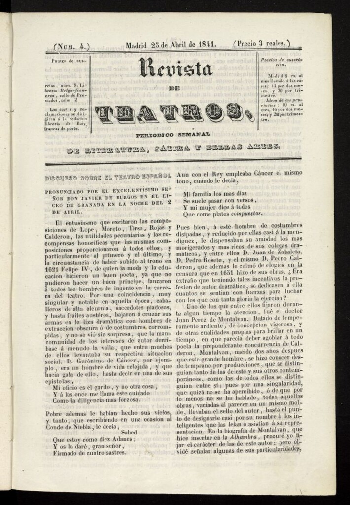 Miniatura de Revista de teatros: periodico semanal de literatura, sátira y bellas artes del 25 de abril de 1841, nº 4