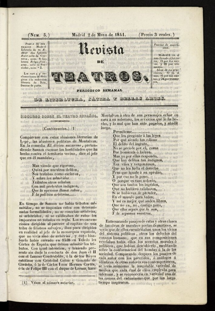Miniatura de Revista de teatros: periodico semanal de literatura, sátira y bellas artes del 2 de mayo de 1841, nº 5