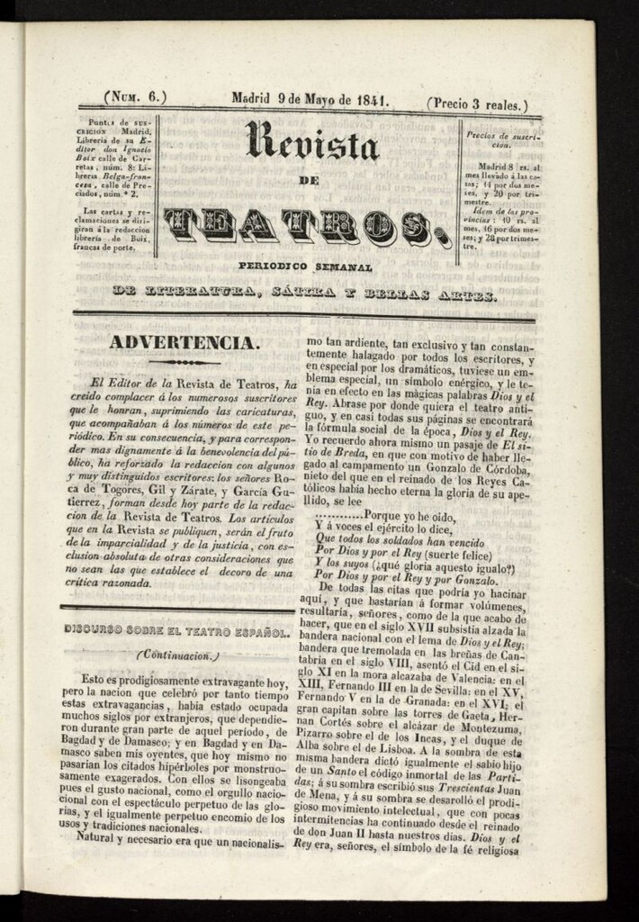 Miniatura de Revista de teatros: periodico semanal de literatura, sátira y bellas artes del 9 de mayo de 1841, nº 6