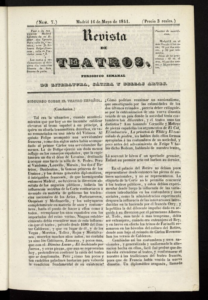Miniatura de Revista de teatros: periodico semanal de literatura, sátira y bellas artes del 16 de mayo de 1841, nº 7
