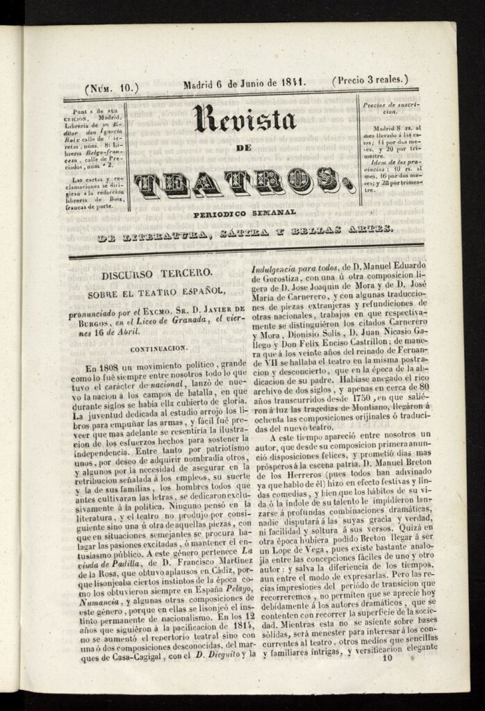 Miniatura de Revista de teatros: periodico semanal de literatura, sátira y bellas artes del 6 de junio de 1841, nº 10