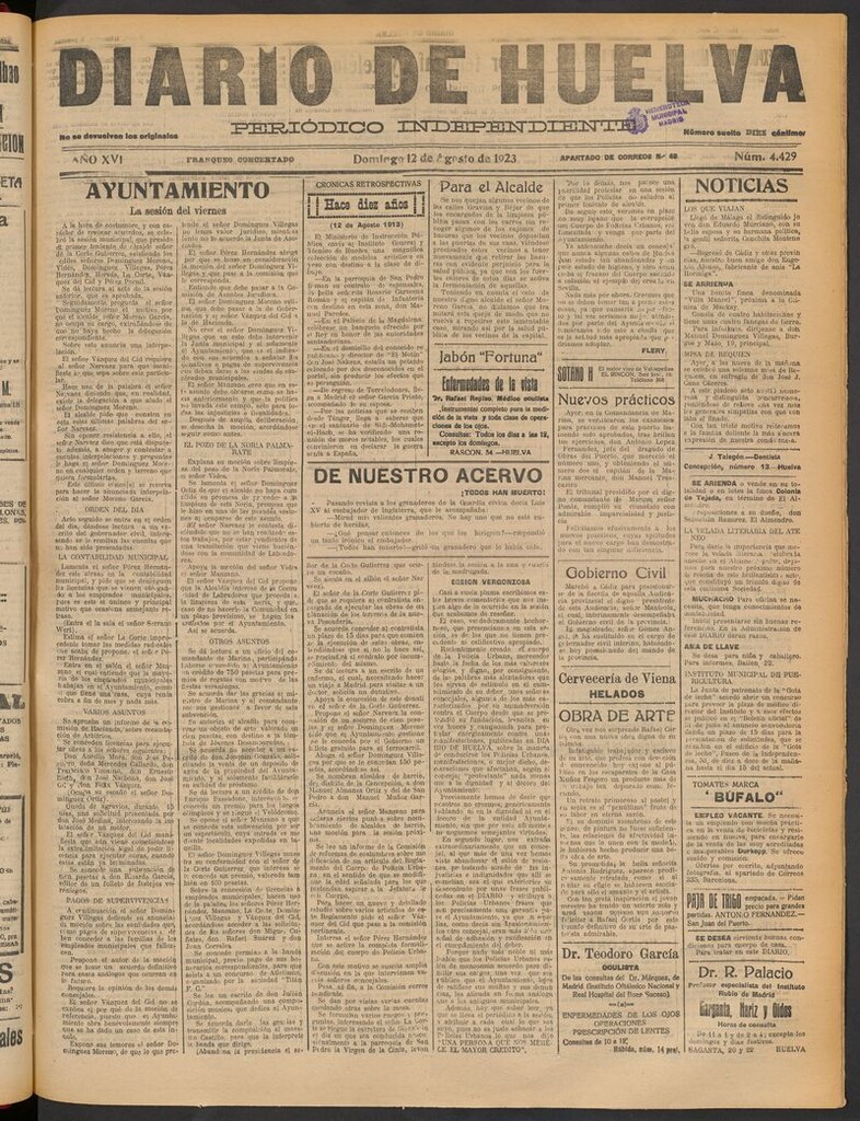 Miniatura de Diario de Huelva : periódico independiente del 12 de agosto de 1923
