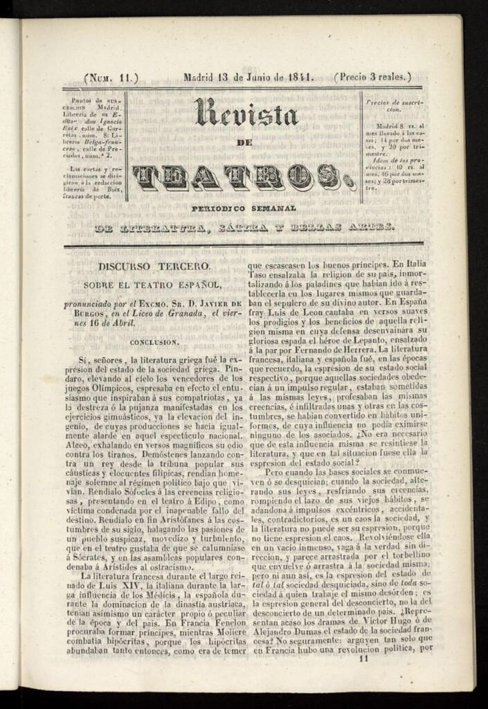 Miniatura de Revista de teatros: periodico semanal de literatura, sátira y bellas artes del 13 de junio de 1841, nº 11