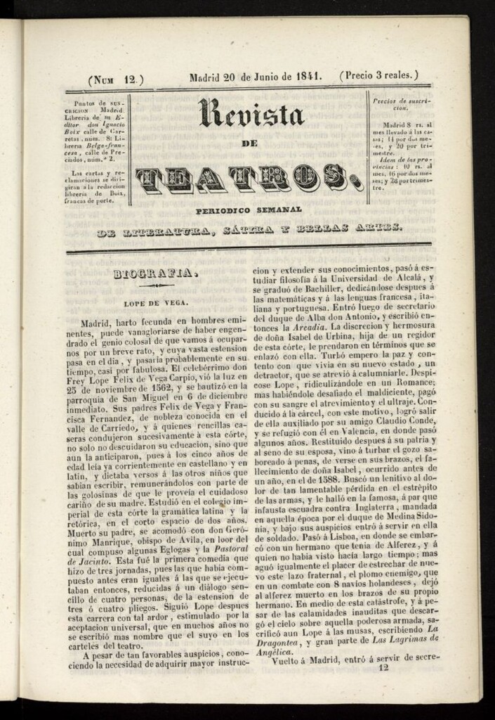 Miniatura de Revista de teatros: periodico semanal de literatura, sátira y bellas artes del 20 de junio de 1841, nº 12