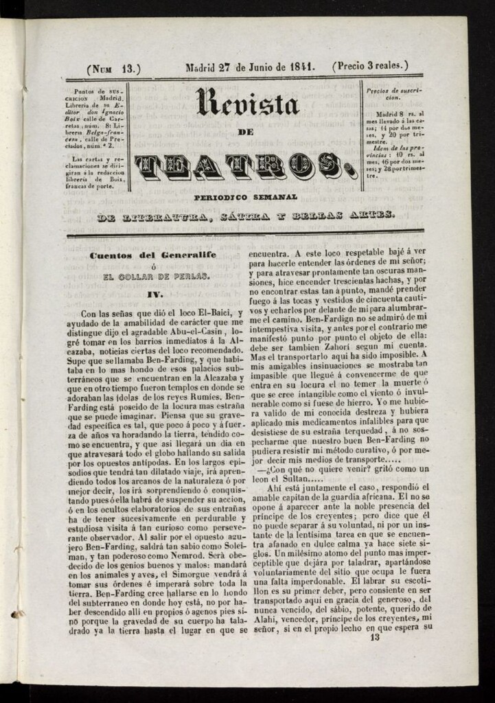 Miniatura de Revista de teatros: periodico semanal de literatura, sátira y bellas artes del 27 de junio de 1841, nº 13