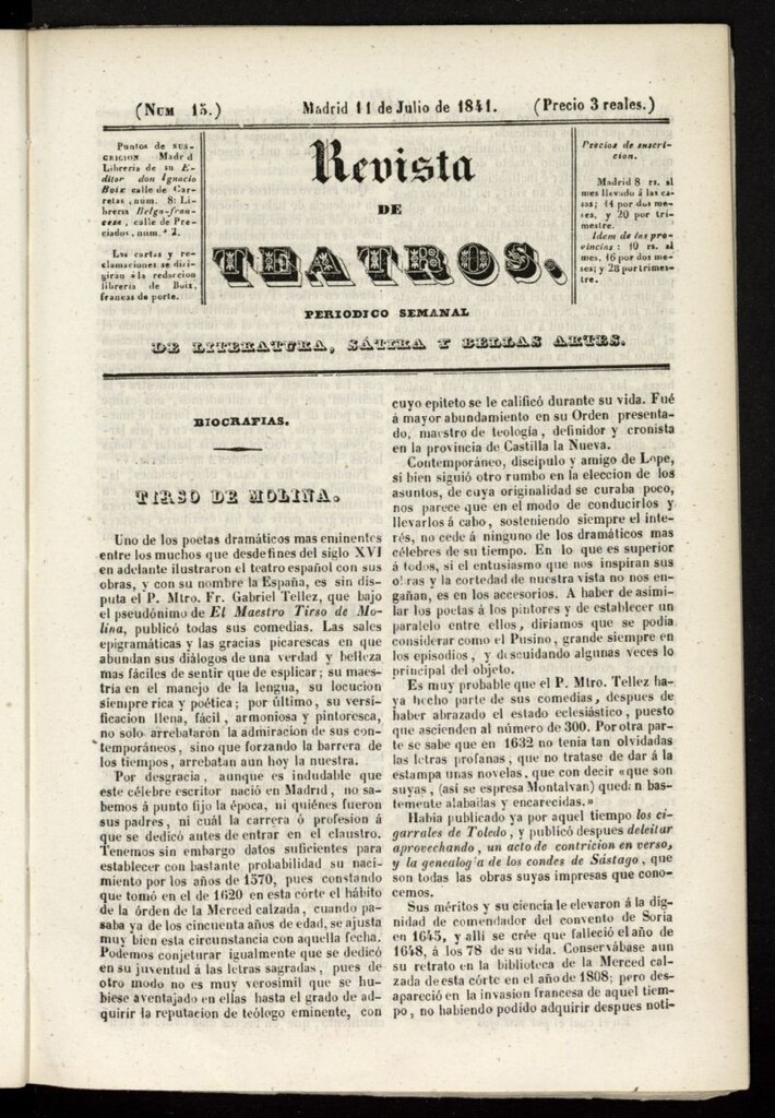 Miniatura de Revista de teatros: periodico semanal de literatura, sátira y bellas artes del 4 de julio de 1841, nº 14