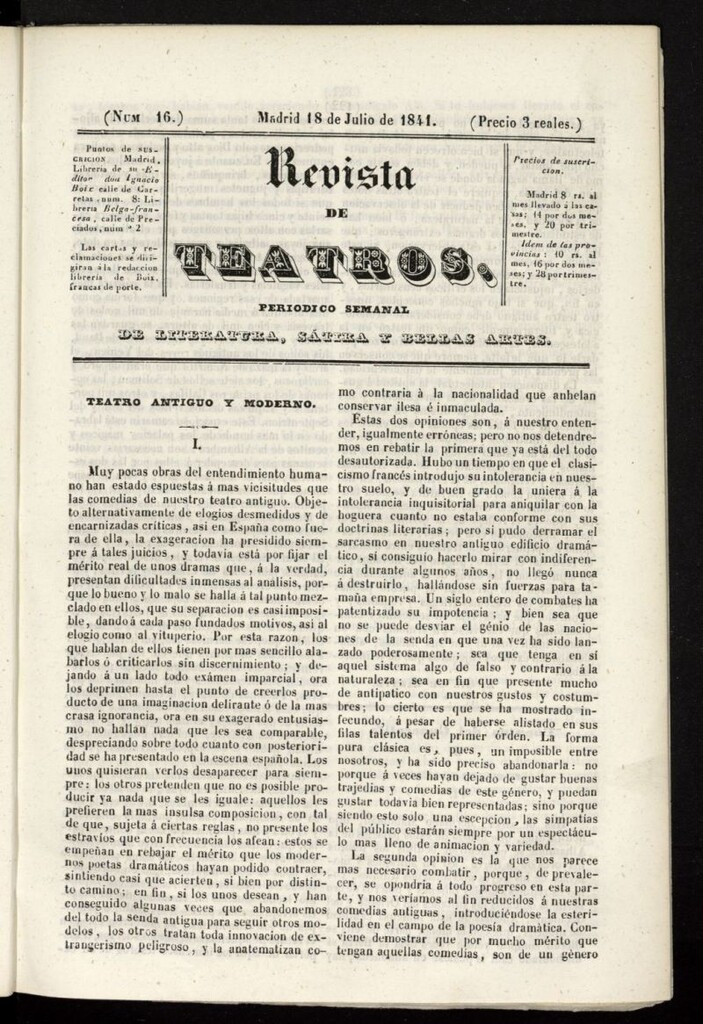 Miniatura de Revista de teatros: periodico semanal de literatura, sátira y bellas artes del 18 de julio de 1841, nº 16