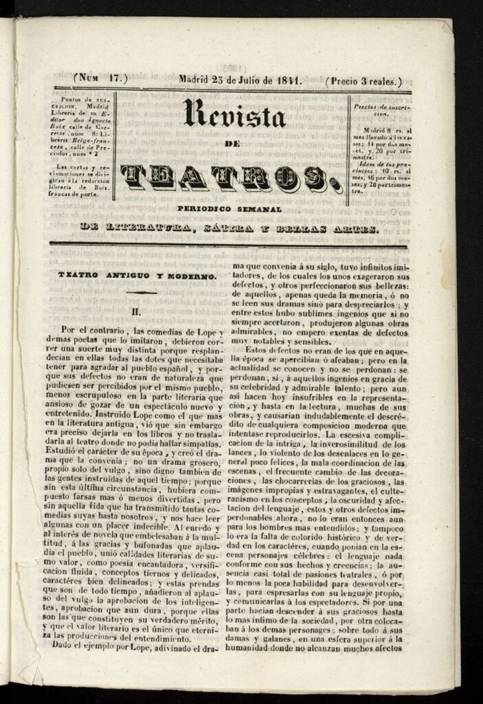 Miniatura de Revista de teatros: periodico semanal de literatura, sátira y bellas artes del 25 de julio de 1841, nº 17