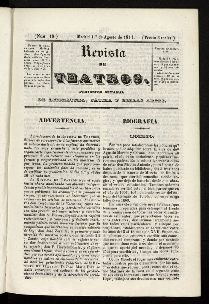 Miniatura de Revista de teatros: periodico semanal de literatura, sátira y bellas artes del 1 de agosto de 1841, nº 18