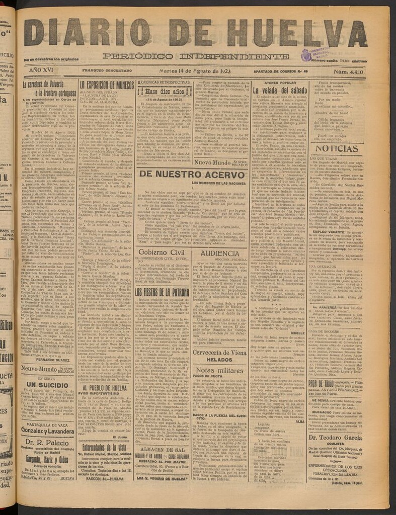 Miniatura de Diario de Huelva : periódico independiente del 14 de agosto de 1923