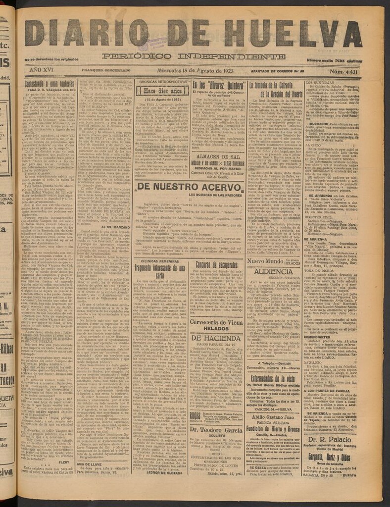 Miniatura de Diario de Huelva : periódico independiente del 15 de agosto de 1923