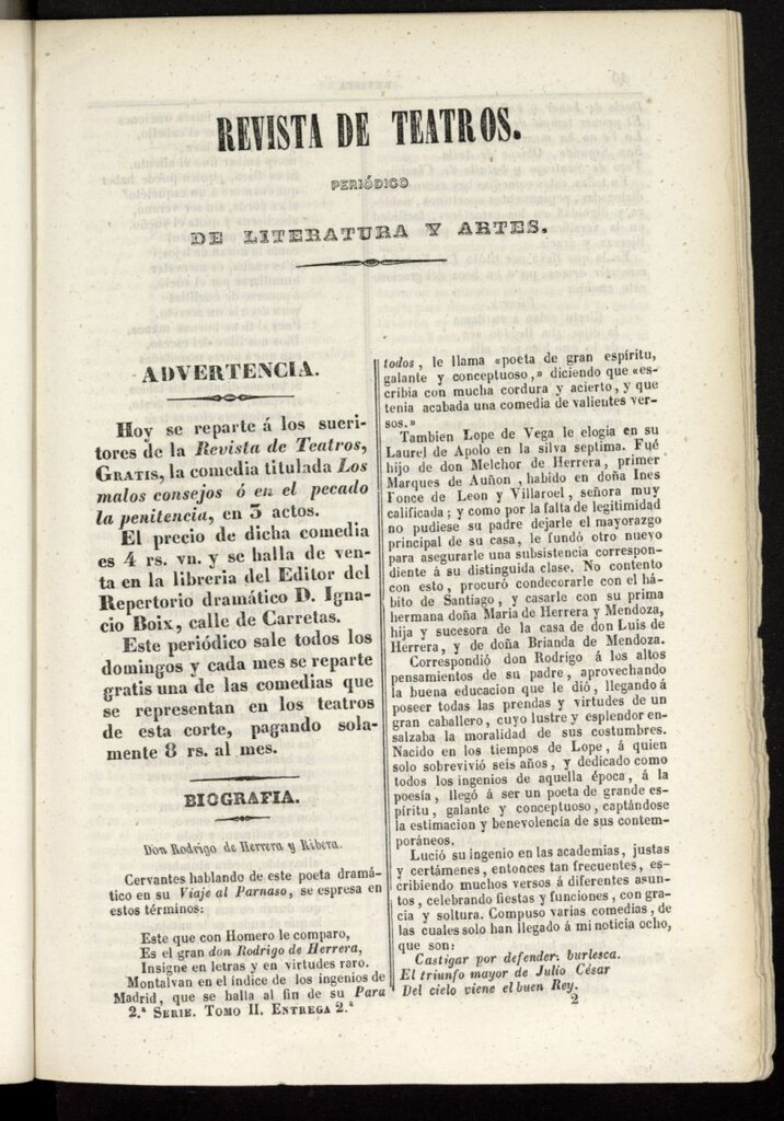 Miniatura de Revista de teatros: periodico semanal de literatura, sátira y bellas artes de 1842, 2ª serie, tomo II, 2ª entrega