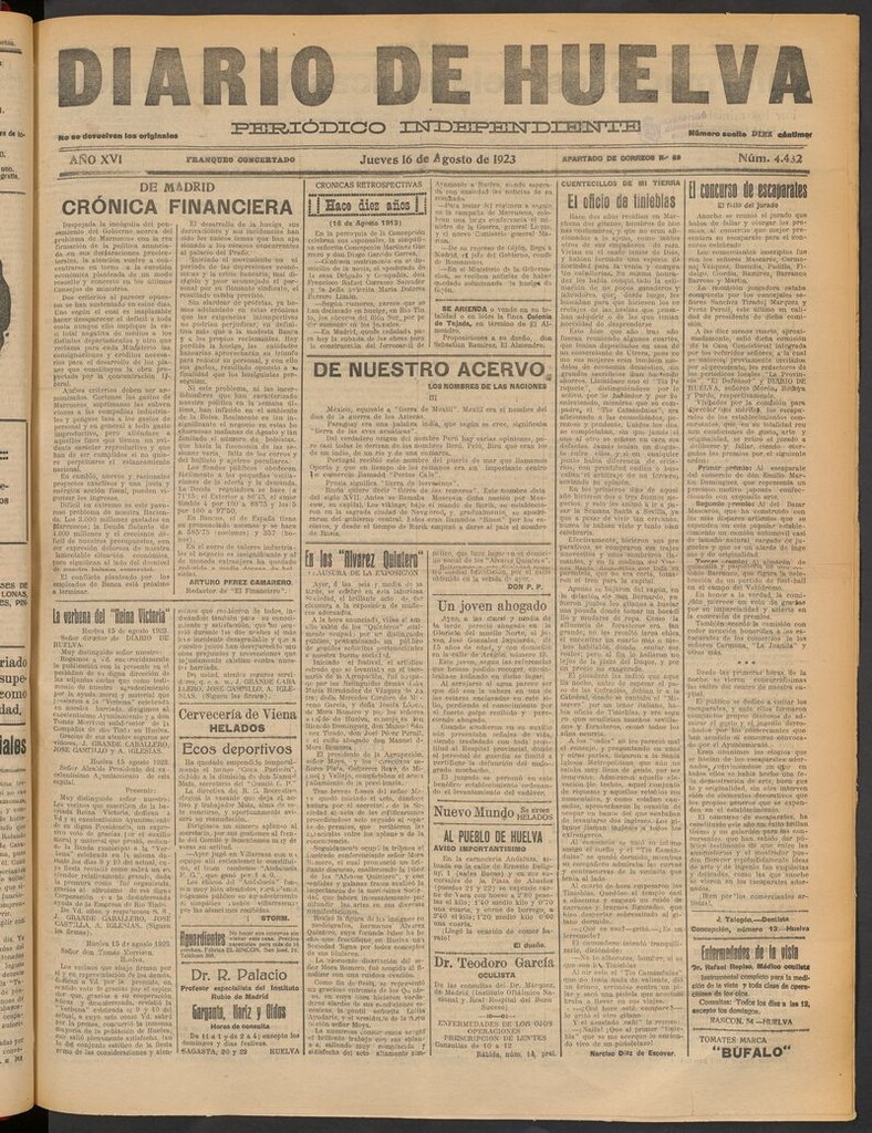 Miniatura de Diario de Huelva : periódico independiente del 16 de agosto de 1923
