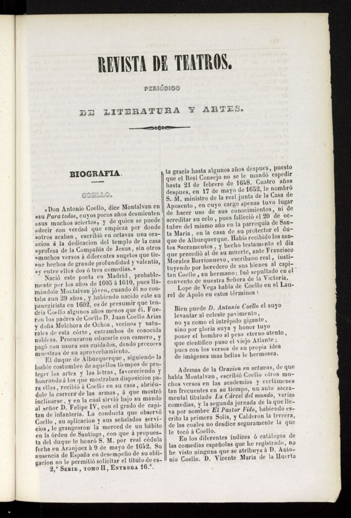 Miniatura de Revista de teatros: periodico semanal de literatura, sátira y bellas artes de 1842, 2ª serie, tomo II, 16ª entrega