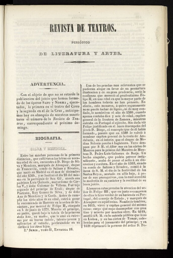 Miniatura de Revista de teatros: periodico semanal de literatura, sátira y bellas artes de 1842, 2ª serie, tomo II, 18ª entrega