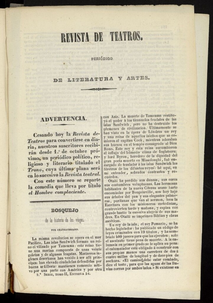 Miniatura de Revista de teatros: periodico semanal de literatura, sátira y bellas artes de 1842, 2ª serie, tomo II, 24ª entrega