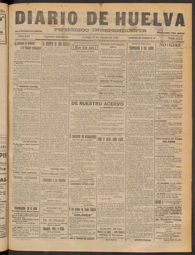 Miniatura de Diario de Huelva : periódico independiente del 18 de agosto de 1923