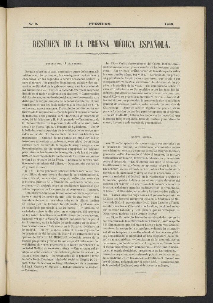 Miniatura de Resumen de la Prensa Médica Española de febrero de 1849, nº 2