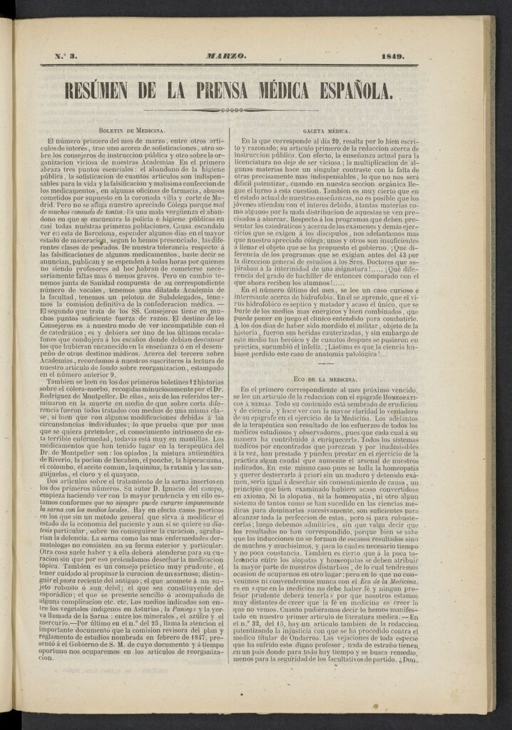 Miniatura de Resumen de la Prensa Médica Española de marzo de 1849, nº 3