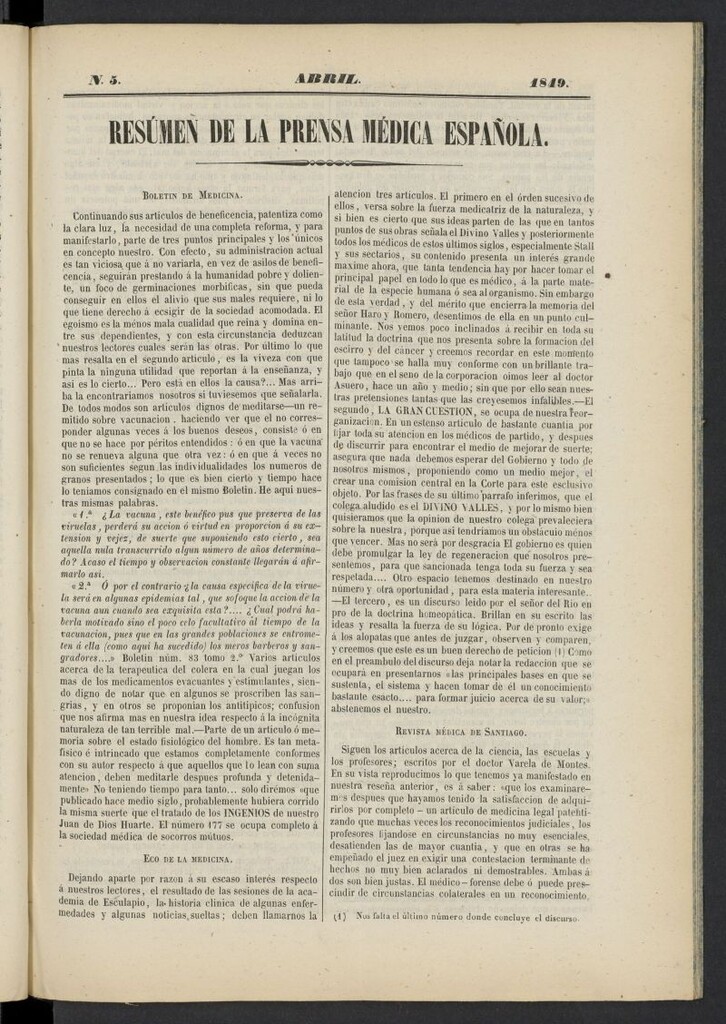 Miniatura de Resumen de la Prensa Médica Española de abril [sic] de 1849, nº 5