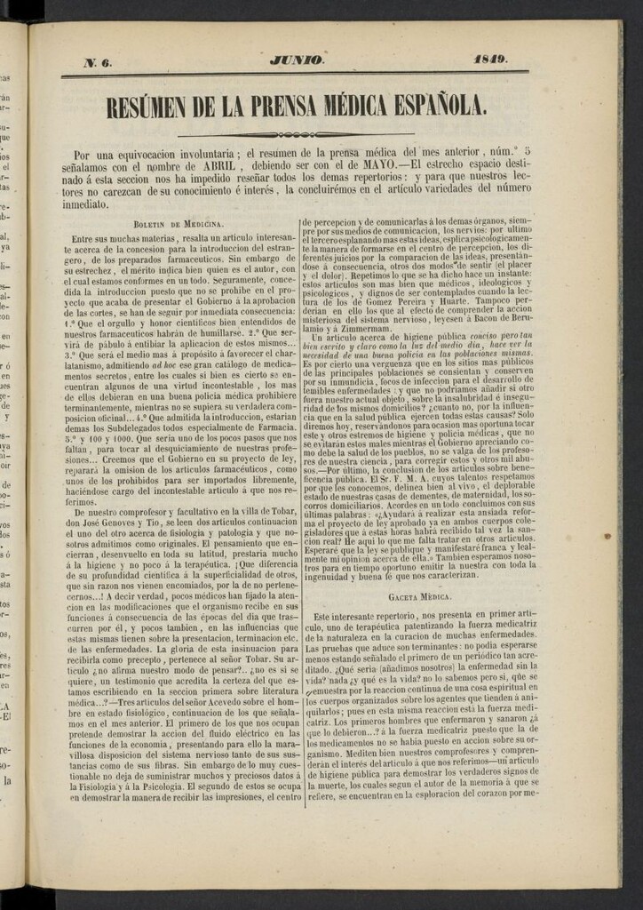 Miniatura de Resumen de la Prensa Médica Española de junio de 1849, nº 6