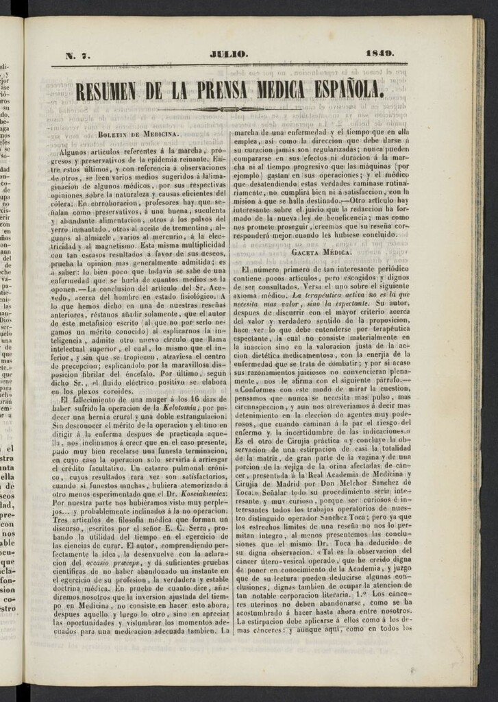 Miniatura de Resumen de la Prensa Médica Española de julio de 1849, nº 7