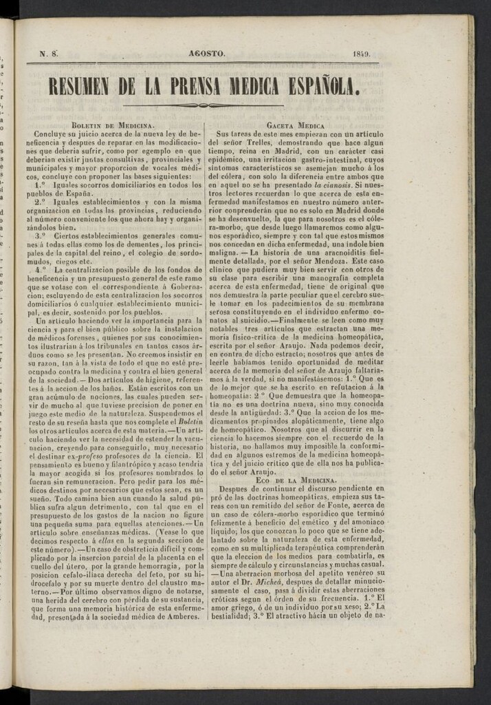 Miniatura de Resumen de la Prensa Médica Española de agosto de 1849, nº 8