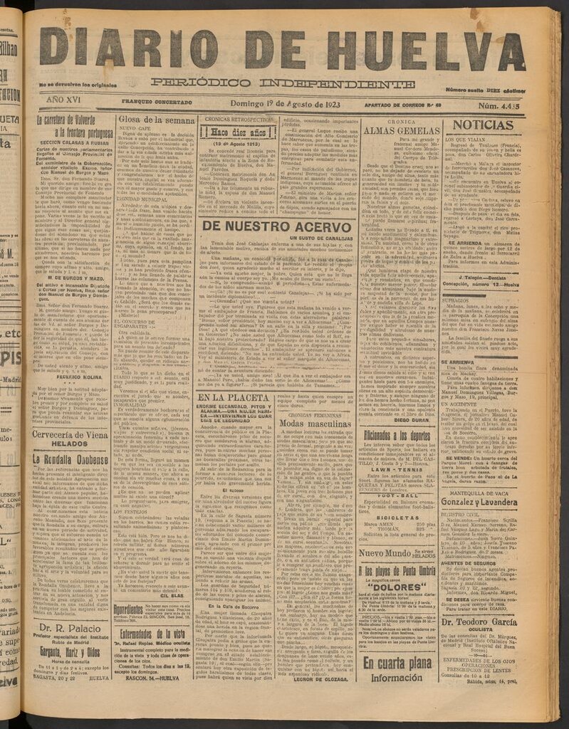 Miniatura de Diario de Huelva : periódico independiente del 19 de agosto de 1923