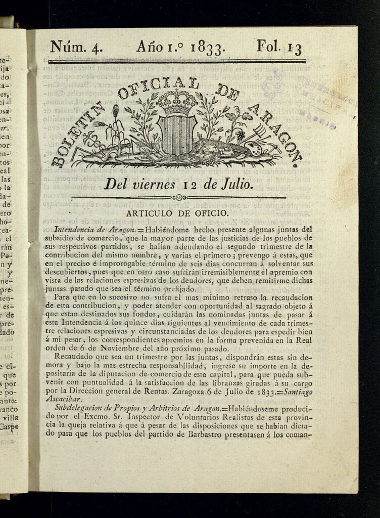 Miniatura de Boletín Oficial de Aragón del 12 de julio de 1833, nº 4