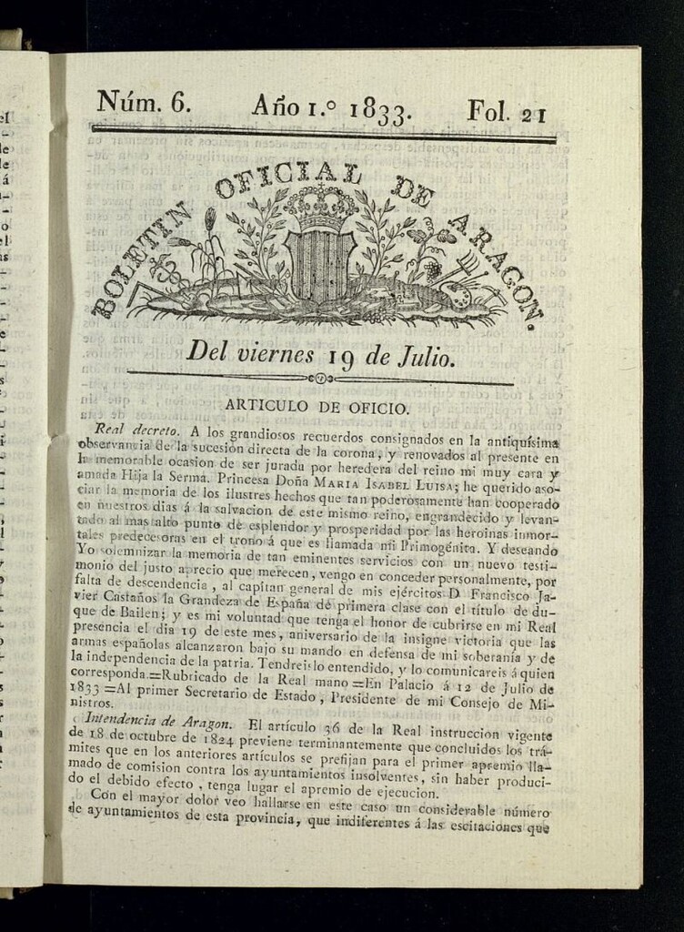 Miniatura de Boletín Oficial de Aragón del 19 de julio de 1833, nº 6
