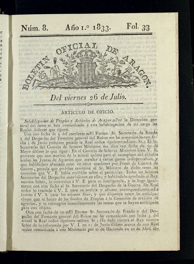 Miniatura de Boletín Oficial de Aragón del 26 de julio de 1833, nº 8