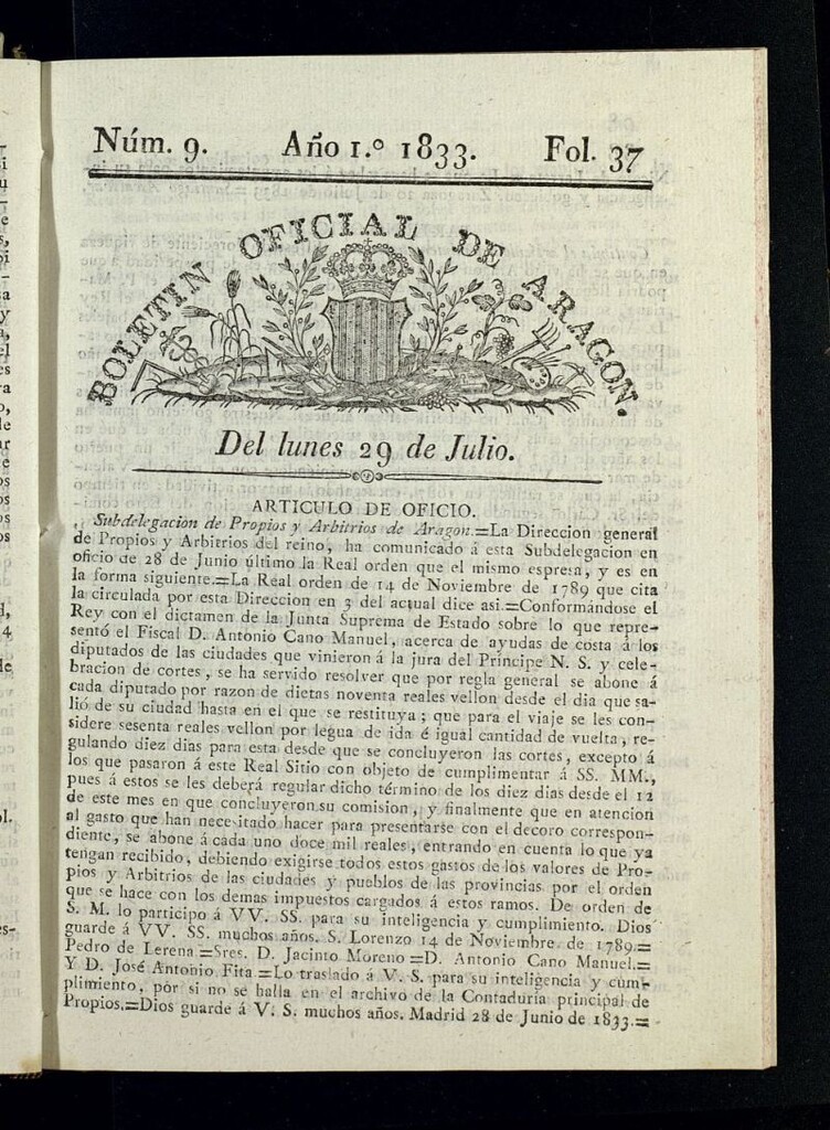 Miniatura de Boletín Oficial de Aragón del 29 de julio de 1833, nº 9