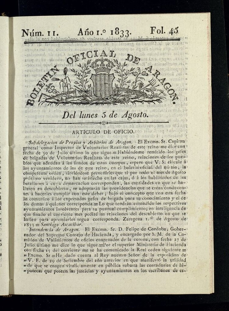 Miniatura de Boletín Oficial de Aragón del 5 de agosto de 1833, nº 11
