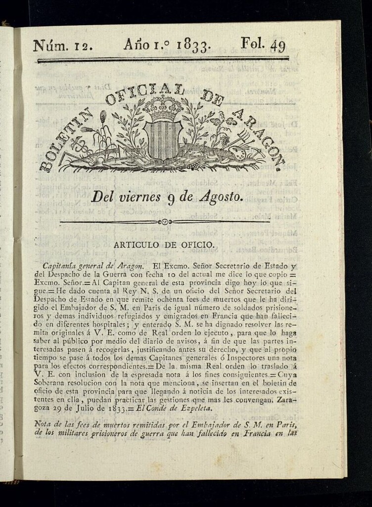 Miniatura de Boletín Oficial de Aragón del 9 de agosto de 1833, nº 12