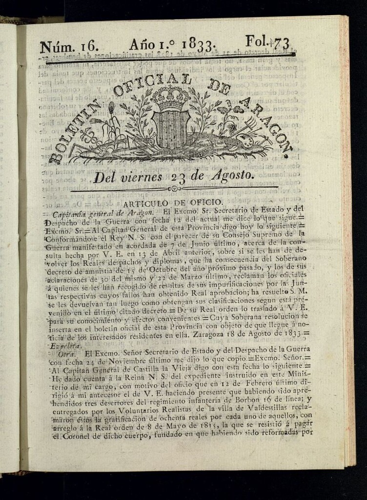 Miniatura de Boletín Oficial de Aragón del 23 de agosto de 1833, nº 16