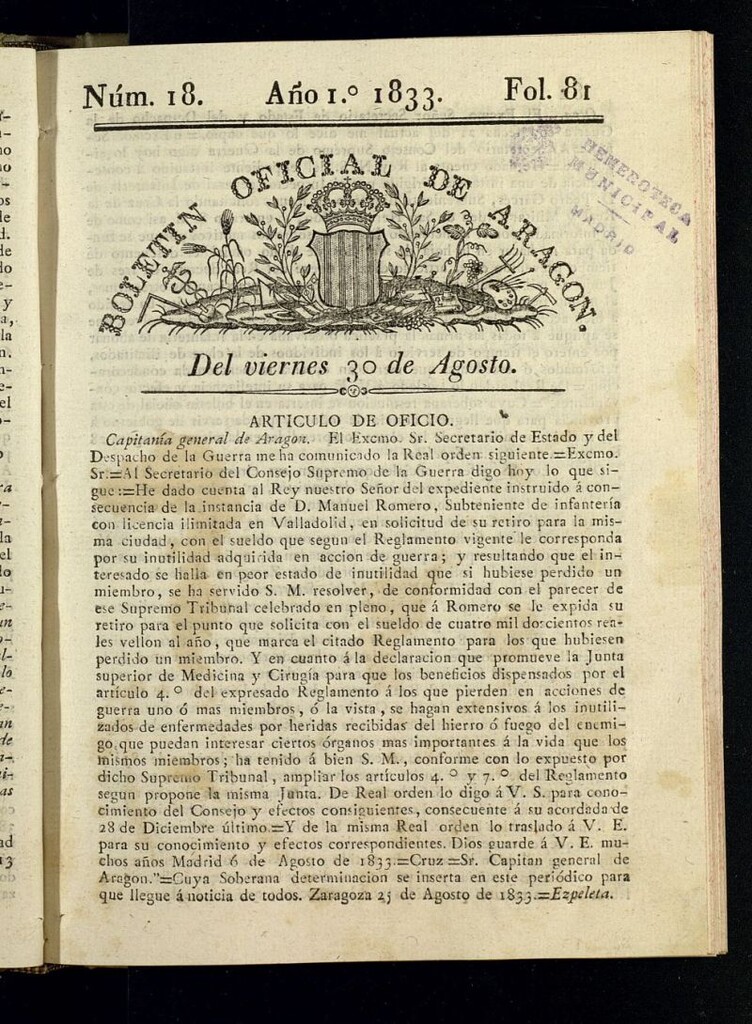 Miniatura de Boletín Oficial de Aragón del 30 de agosto de 1833, nº 18