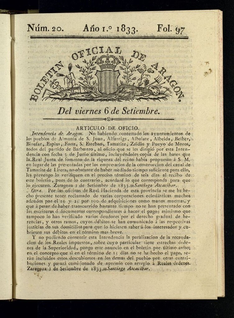 Miniatura de Boletín Oficial de Aragón del 6 de septiembre de 1833, nº 20