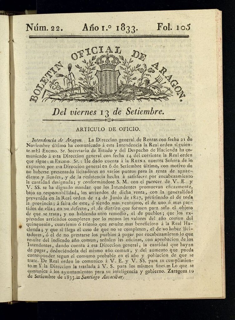 Miniatura de Boletín Oficial de Aragón del 13 de septiembre de 1833, nº 22