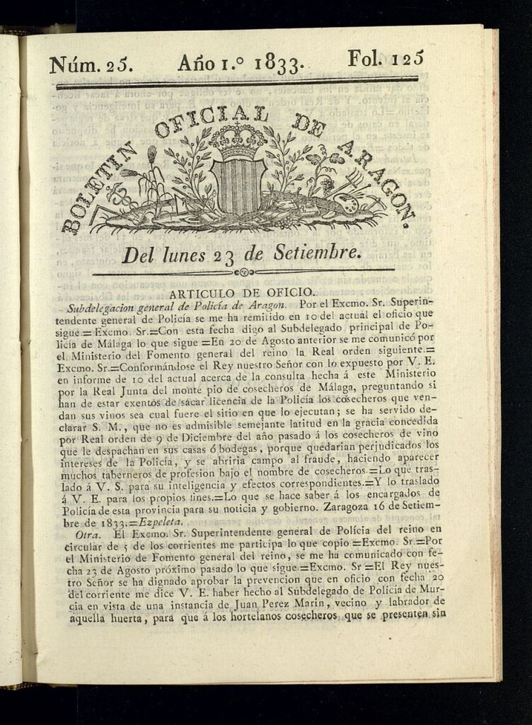 Miniatura de Boletín Oficial de Aragón del 23 de septiembre de 1833, nº 25