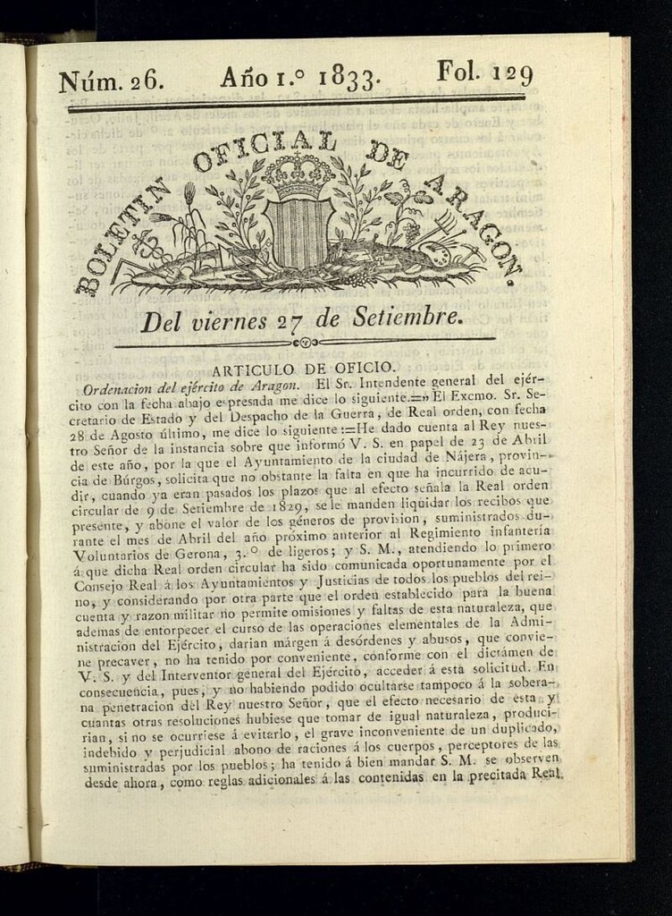 Miniatura de Boletín Oficial de Aragón del 27 de septiembre de 1833, nº 26