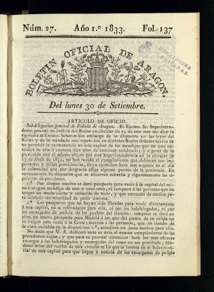 Miniatura de Boletín Oficial de Aragón del 30 de septiembre de 1833, nº 27